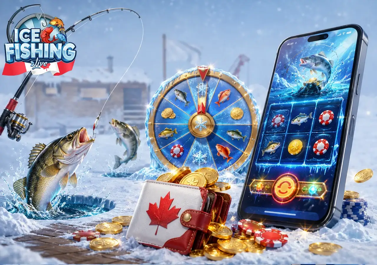 Illustration du jeu Ice Fishing avec pêche arctique, roue des gains et casino mobile