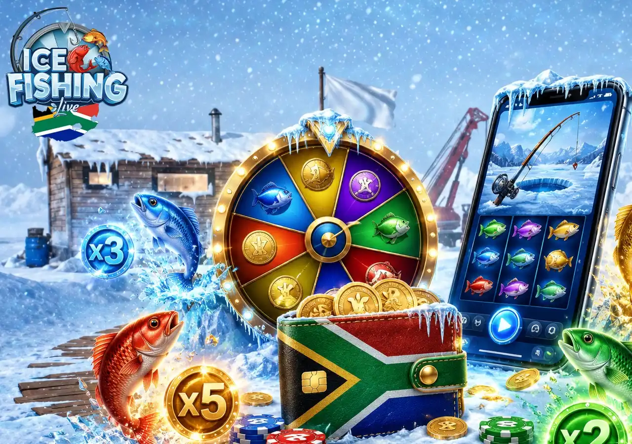 Ice Fishing casino scene with Arctic gameplay, prize wheel, ZAR wallet and mobile betting feel