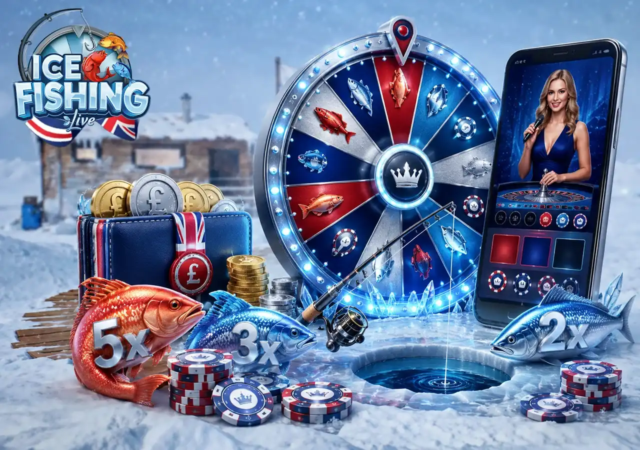 Ice Fishing casino scene with Arctic gameplay, prize wheel, GBP wallet and mobile betting feel