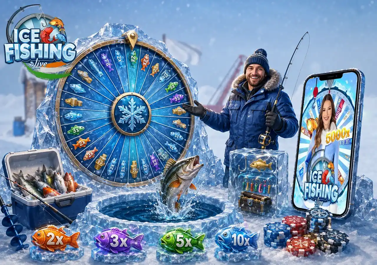 Live money wheel game explained through an Arctic setting and fishing bonus action